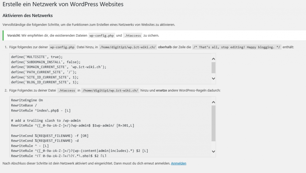 Aktivieren des Netzwerkes in Multisite Umgebung Wordpres