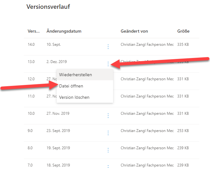 OneDrive Versionsverlauf Dateien