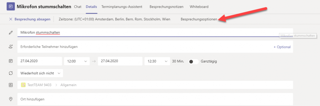 Besprechungsoptionen in TEAMS