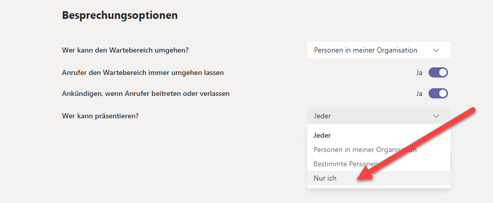 Besprechungsoptionen wer kann präsentieren in TEAMS