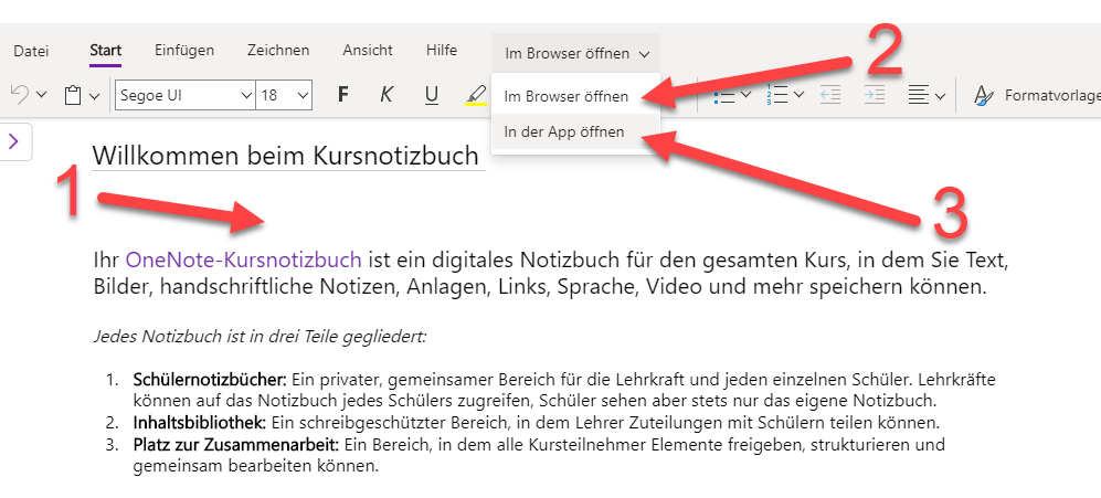 Kursnotizbuch im Browser oder der App starten