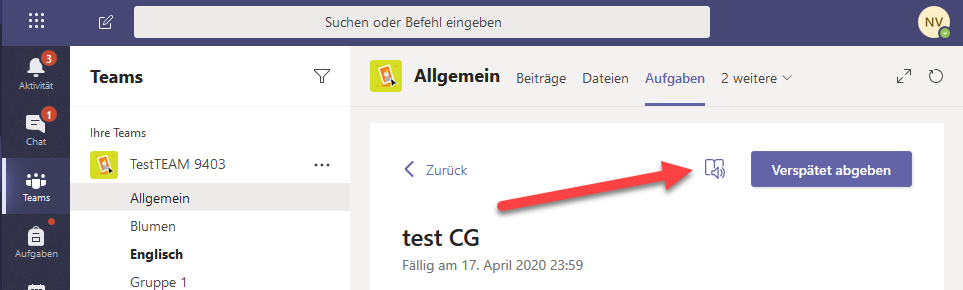 Plastischer Reader liest Text in Aufgaben von TEAMS vor