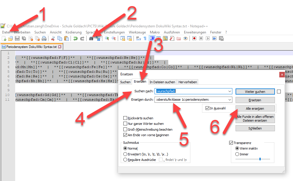 Periodensystem der Elemente in Dokuwiki Syntax in Notepad anpassen