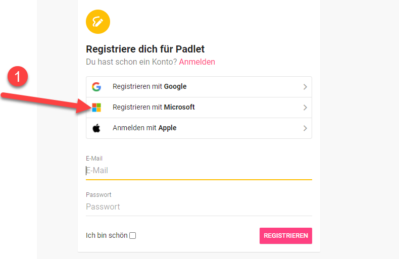 Padlet Registrieren mit Microsoft Konto