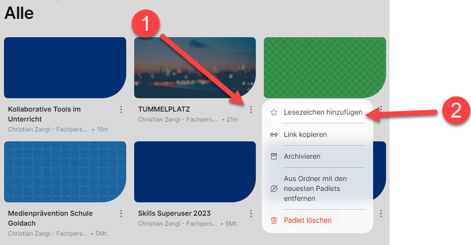 Padlet mit Hilfe von Lesezeichen ordnen